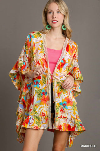 Umgee Satin Floral Print Kimono with Lace Trim, Front Tie, & 3/4 Bell Sleeves