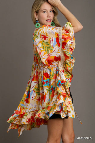 Umgee Satin Floral Print Kimono with Lace Trim, Front Tie, & 3/4 Bell Sleeves