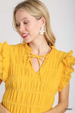 Umgee Boxy Cut Texture Fabric V-Neck Flutter Sleeve with Ruffle Neck & Tie