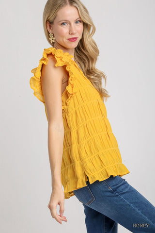 Umgee Boxy Cut Texture Fabric V-Neck Flutter Sleeve with Ruffle Neck & Tie