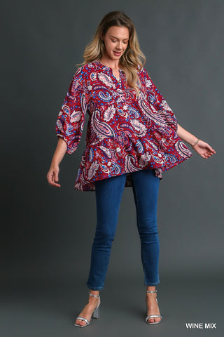 Umgee Paisley Tiered 3/4 Sleeve Baby Doll Top