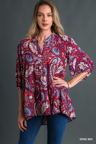 Umgee Paisley Tiered 3/4 Sleeve Baby Doll Top