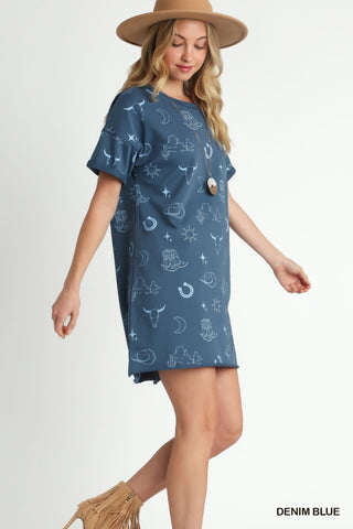 Umgee Short Sleeve Round Neck Graphic Dress