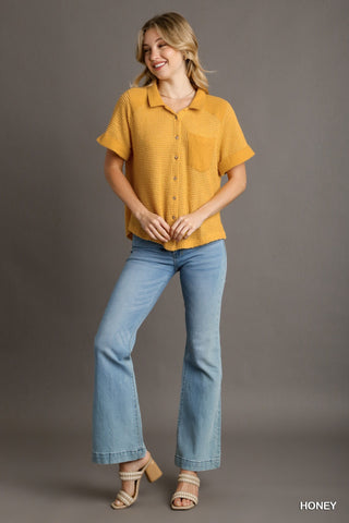 Umgee Waffle Knit Button Down Shirt