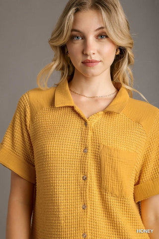 Umgee Waffle Knit Button Down Shirt