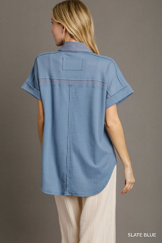 Umgee Mixed Media Waffle Knit Button Down Top