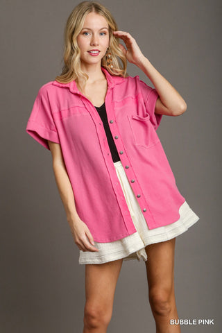 Umgee Mixed Media Waffle Knit Button Down Top