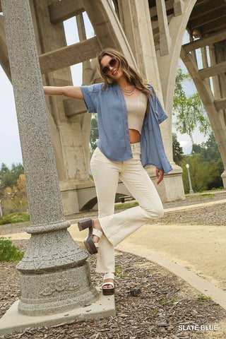 Umgee Mixed Media Waffle Knit Button Down Top