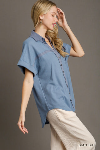 Umgee Mixed Media Waffle Knit Button Down Top