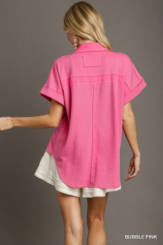 Umgee Mixed Media Waffle Knit Button Down Top