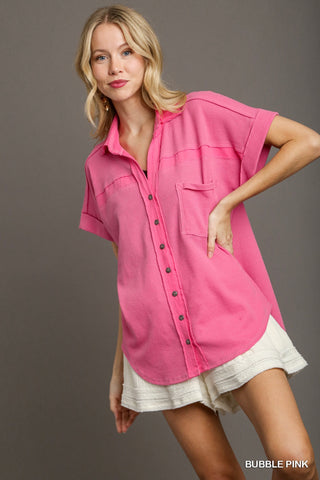 Umgee Mixed Media Waffle Knit Button Down Top