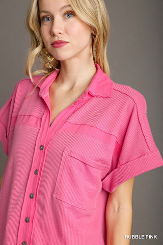 Umgee Mixed Media Waffle Knit Button Down Top