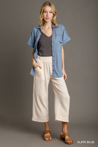 Umgee Mixed Media Waffle Knit Button Down Top