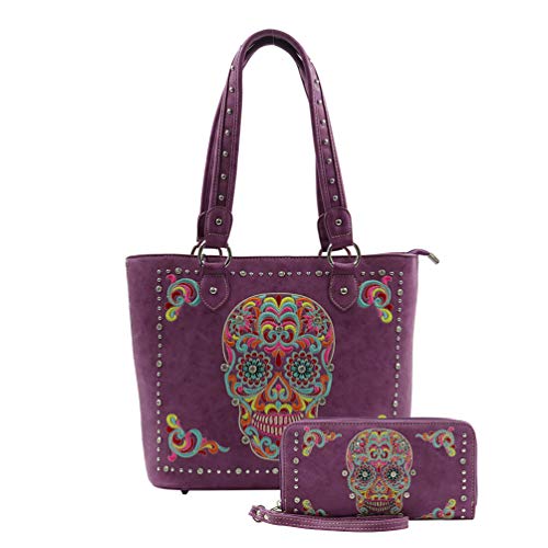 American Bling Embroidered Sugar Skull Tote and Wallet Set